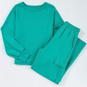 Solid Color Pullover Top and Cargo Pants Set